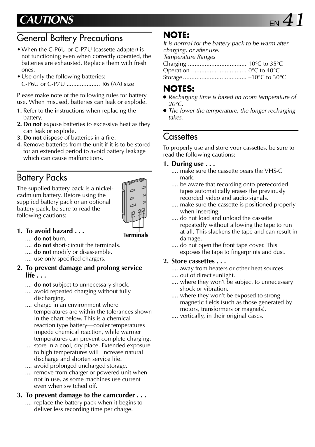 JVC GR-AX275, LYT0002-025A manual Do not burn, Do not modify or disassemble Use only specified chargers 