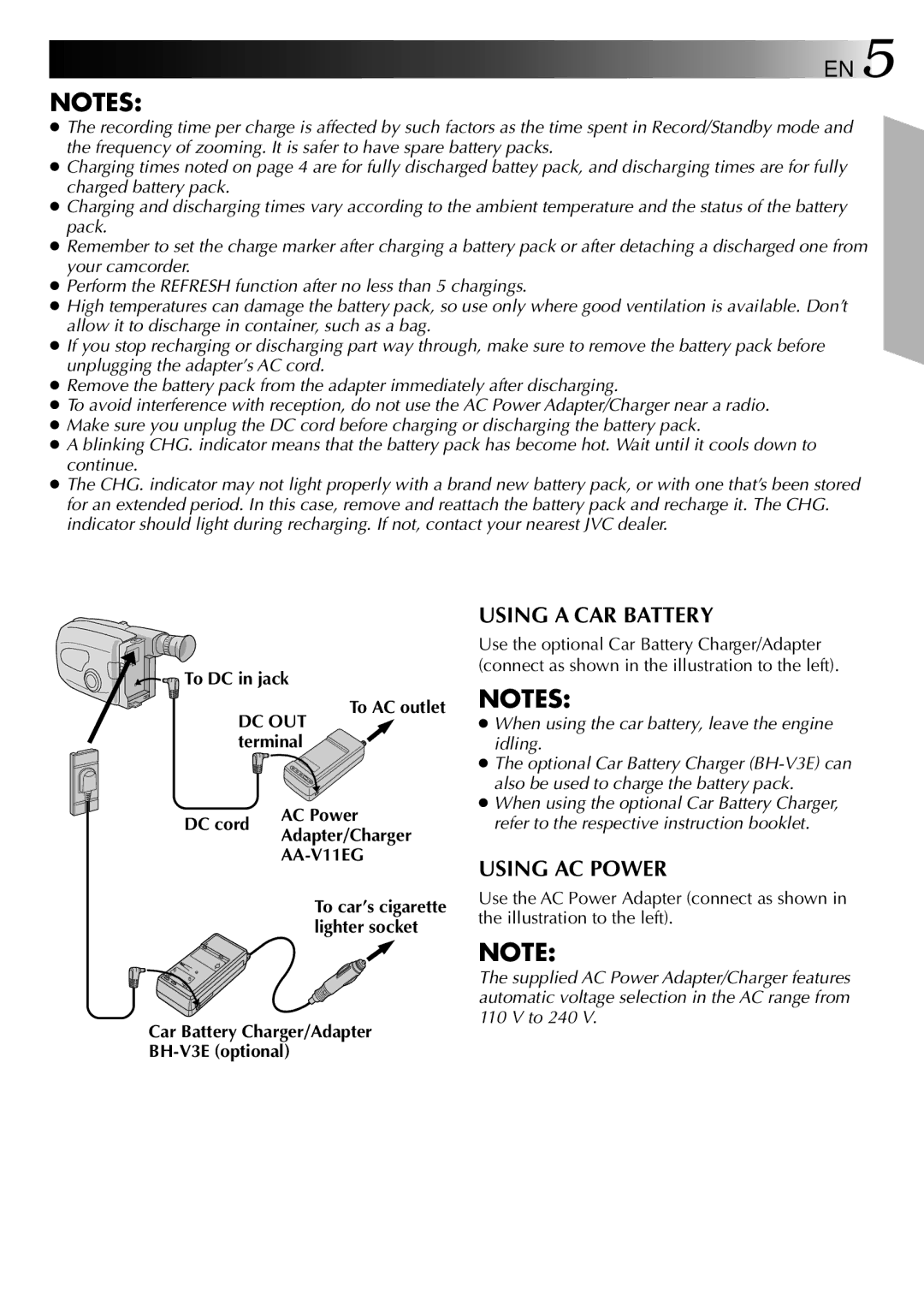 JVC GR-AX275, LYT0002-025A manual AA-V11EG, Lighter socket, Car Battery Charger/Adapter BH-V3E optional 