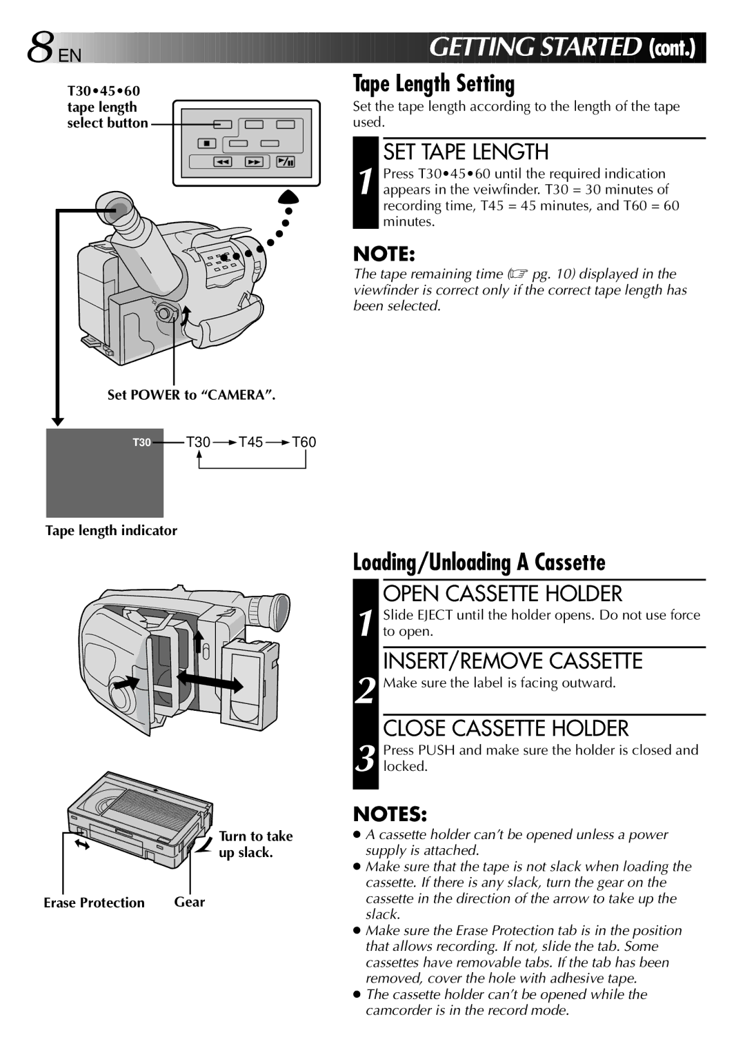 JVC LYT0002-025A, GR-AX275 manual Tape Length Setting, Loading/Unloading a Cassette 