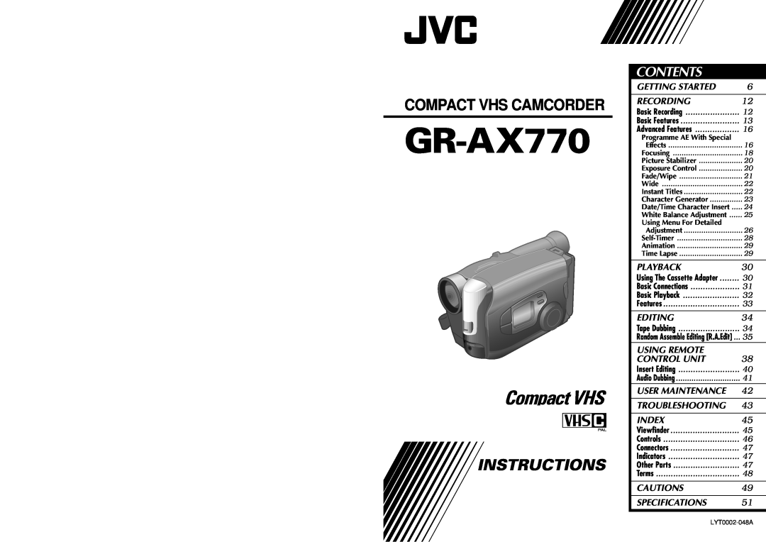 JVC LYT0002-048A specifications Contents, GR-AX770, Compact VHS, Compact Vhs Camcorder, Instructions 