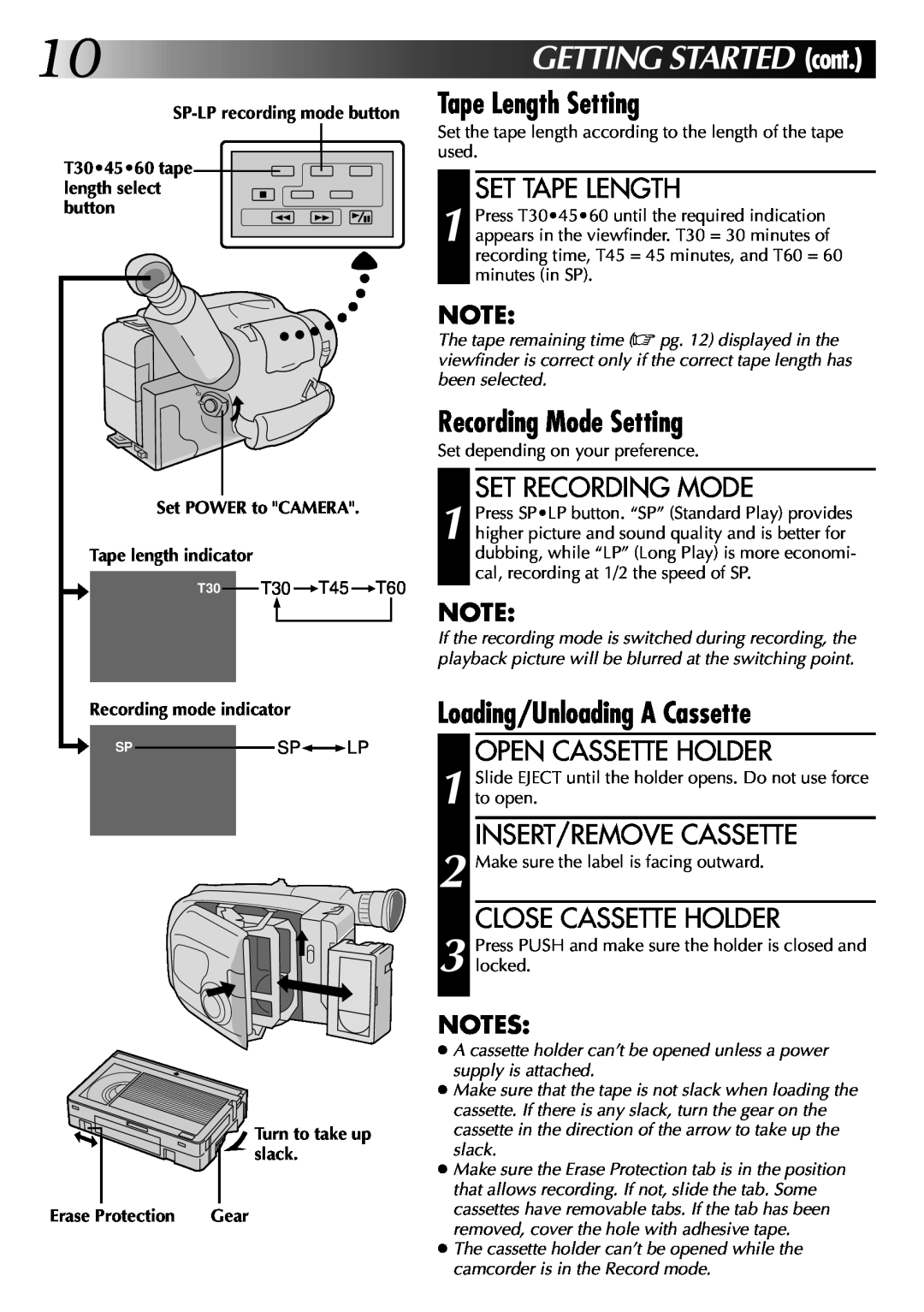 JVC LYT0002-048A Tape Length Setting, Recording Mode Setting, Loading/Unloading A Cassette, Set Tape Length, length select 