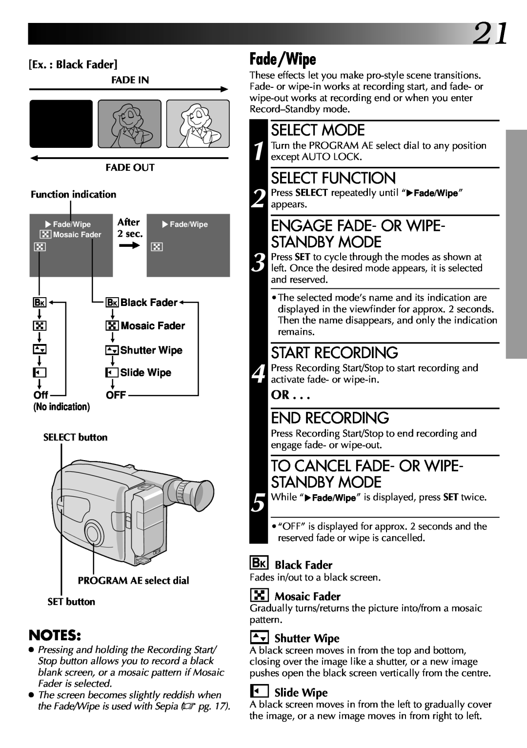 JVC LYT0002-048A Fade/Wipe, Select Function, Engage Fade- Or Wipe Standby Mode, Start Recording, End Recording, Slide Wipe 