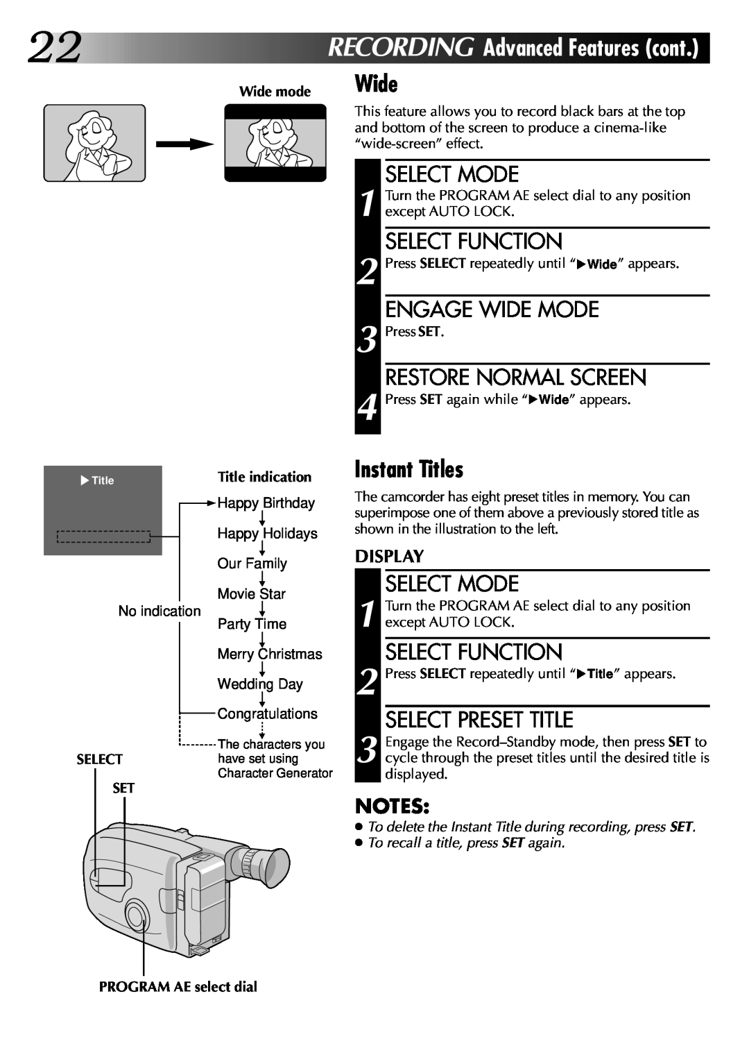 JVC LYT0002-048A Recording, Instant Titles, Engage Wide Mode, Restore Normal Screen, Select Preset Title, Display 