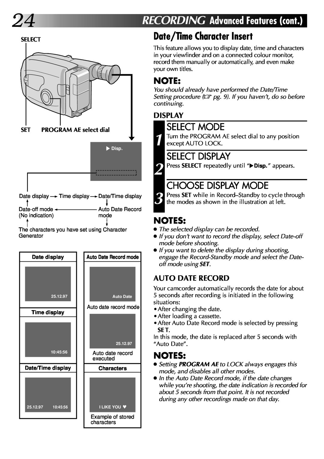 JVC LYT0002-048A Date/Time Character Insert, Select Display, Choose Display Mode, RECORDING AdvancedFeaturescont 