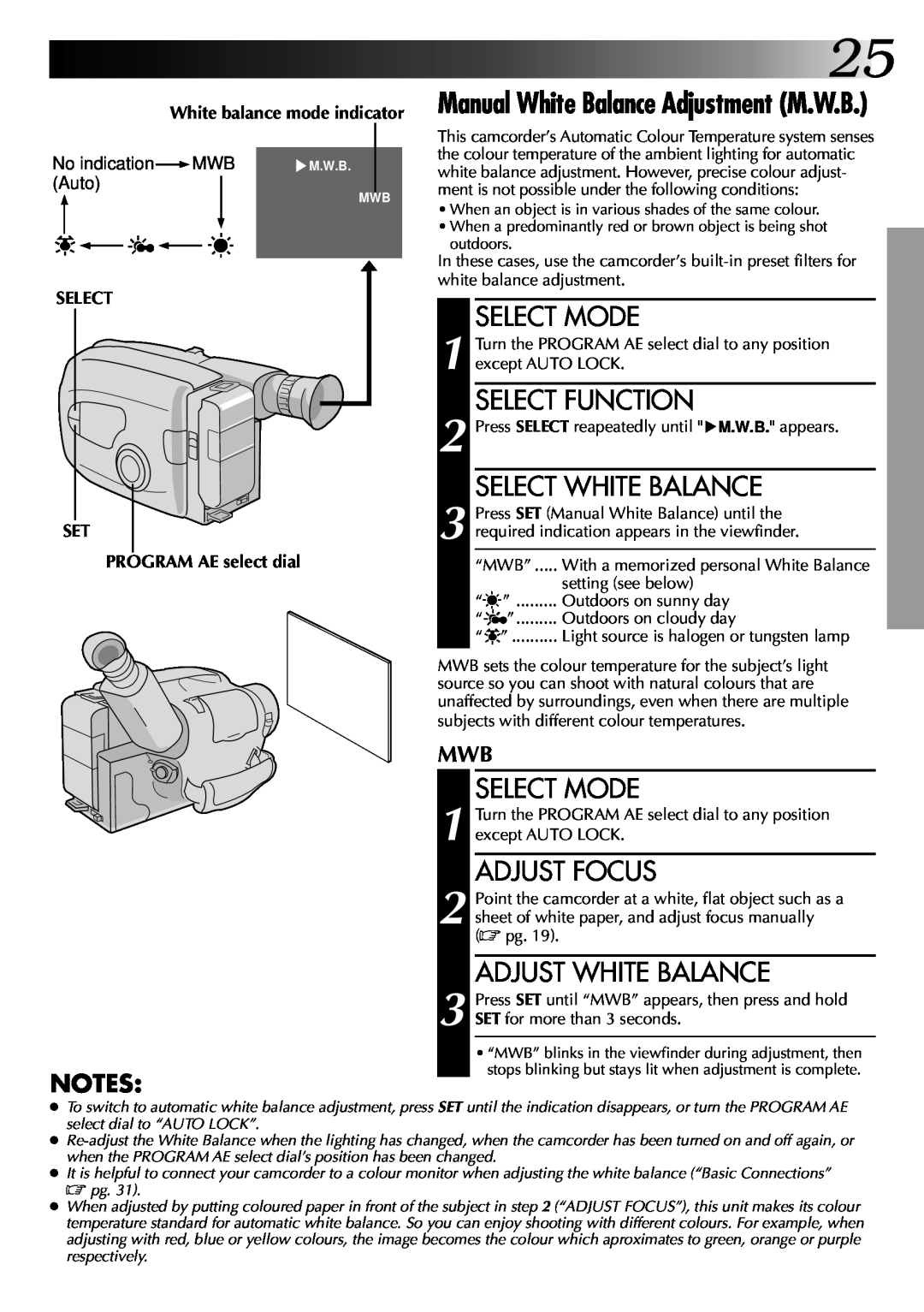 JVC LYT0002-048A Select White Balance, Adjust Focus, Adjust White Balance, Manual White Balance Adjustment M.W.B, Auto 