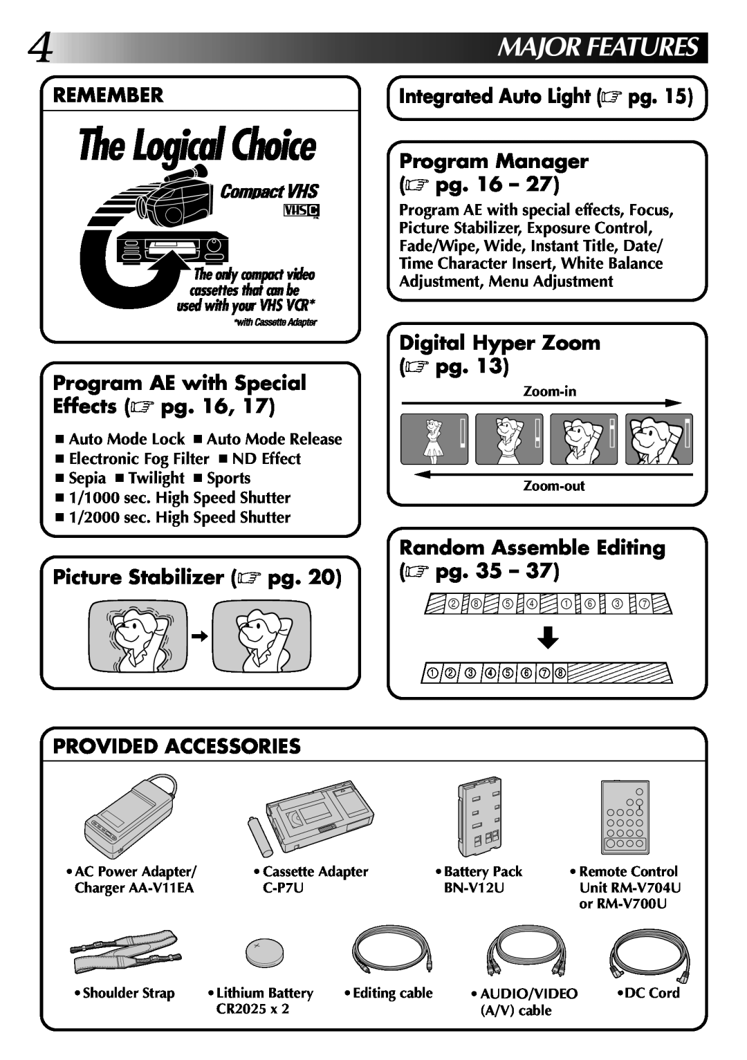 JVC LYT0002-048A Majorfeatures, Remember, Program Manager pg. 16, Program AE with Special Effects pg. 16, Zoom-in Zoom-out 