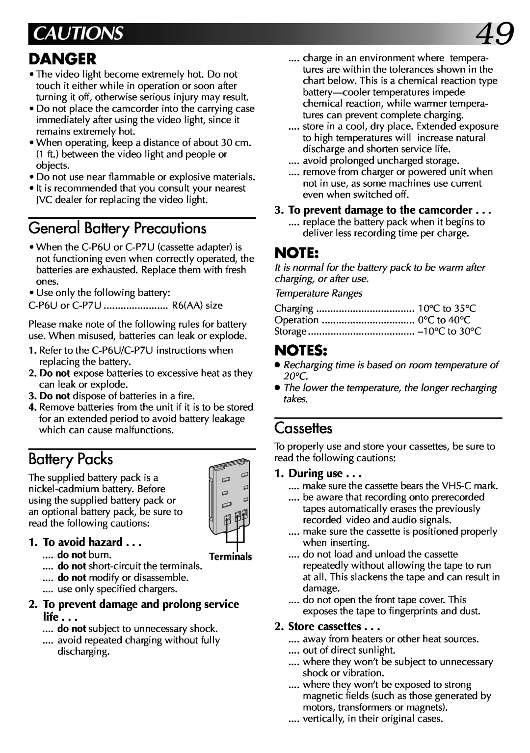 JVC LYT0002-048A CAUTIONS49, Danger, General Battery Precautions, Battery Packs, Cassettes, To avoid hazard, During use 