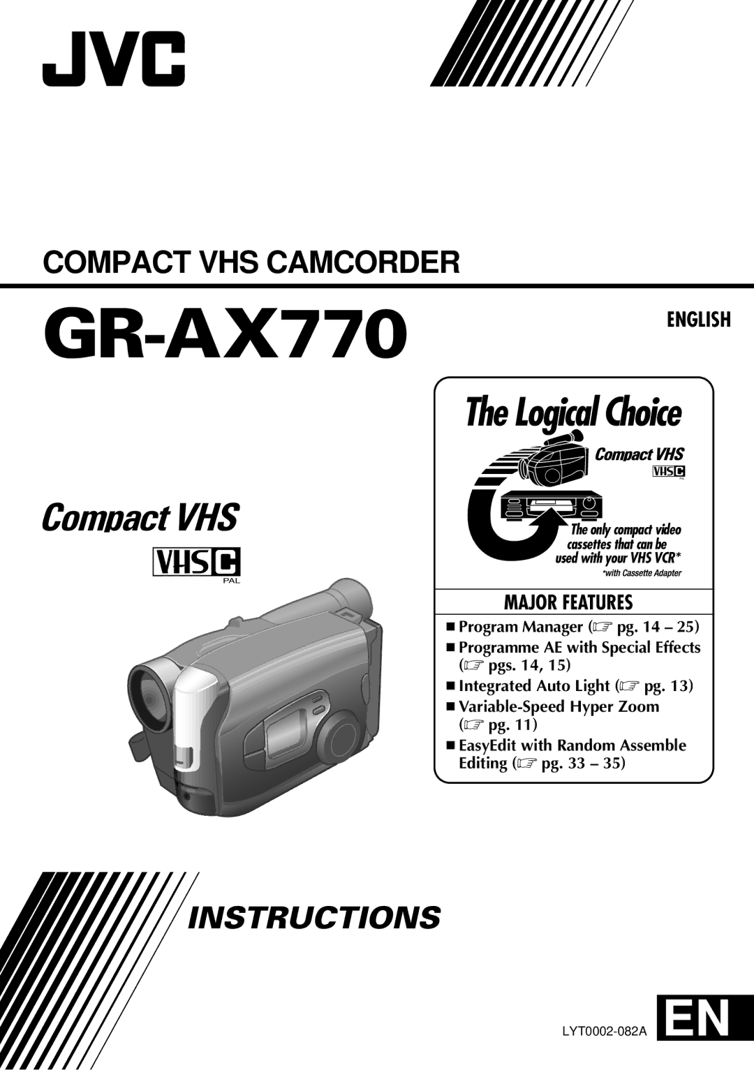 JVC LYT0002-082A manual Pgs, Integrated Auto Light pg Variable-Speed Hyper Zoom 