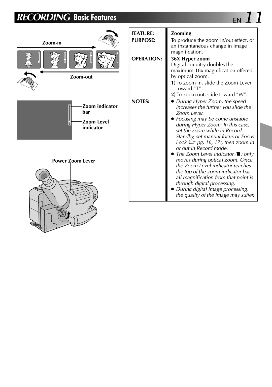 JVC LYT0002-082A manual Zoom-in Zoom-out, Power Zoom Lever, Feature Purpose Operation, Zooming, 36X Hyper zoom 