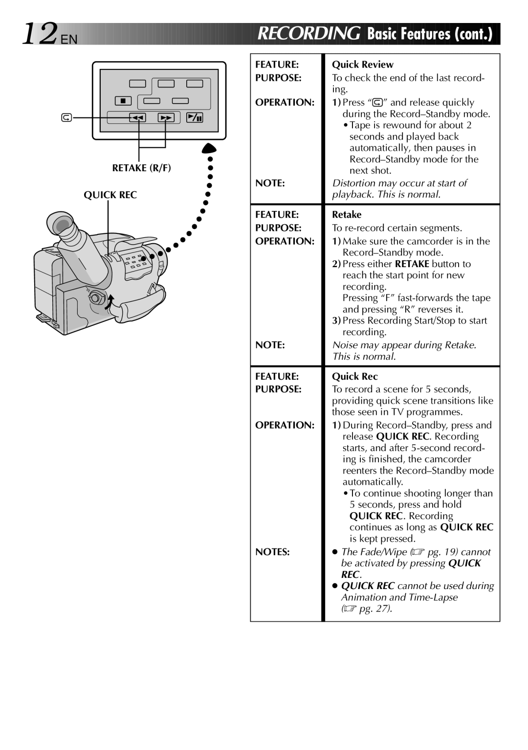 JVC LYT0002-082A manual Retake R/F Quick REC Feature, Quick Review, Quick Rec 