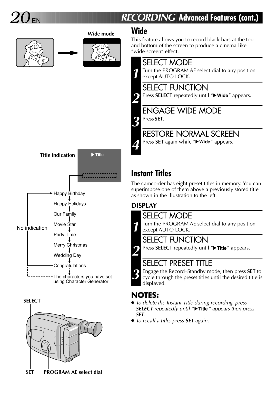 JVC LYT0002-082A manual Instant Titles, Engage Wide Mode, Restore Normal Screen, Select Preset Title 