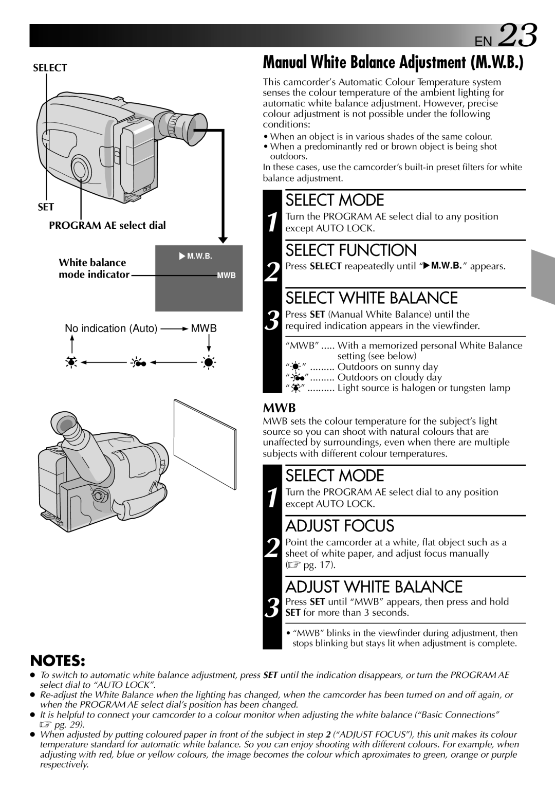 JVC LYT0002-082A manual Select White Balance, Adjust Focus, Adjust White Balance, Select SET 