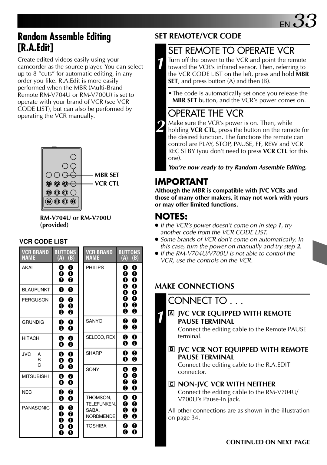 JVC LYT0002-082A manual Random Assemble Editing R.A.Edit, SET Remote to Operate VCR, Operate the VCR, Connect to, On Next 