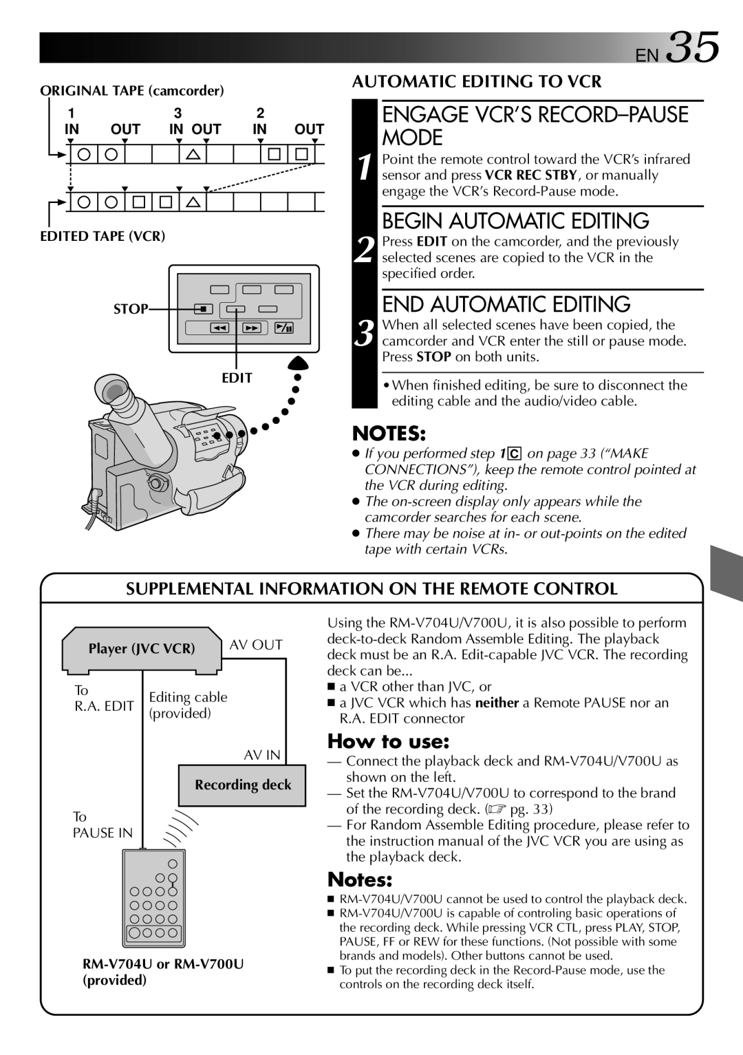 JVC LYT0002-082A manual Begin Automatic Editing, END Automatic Editing, Edited Tape VCR Stop 