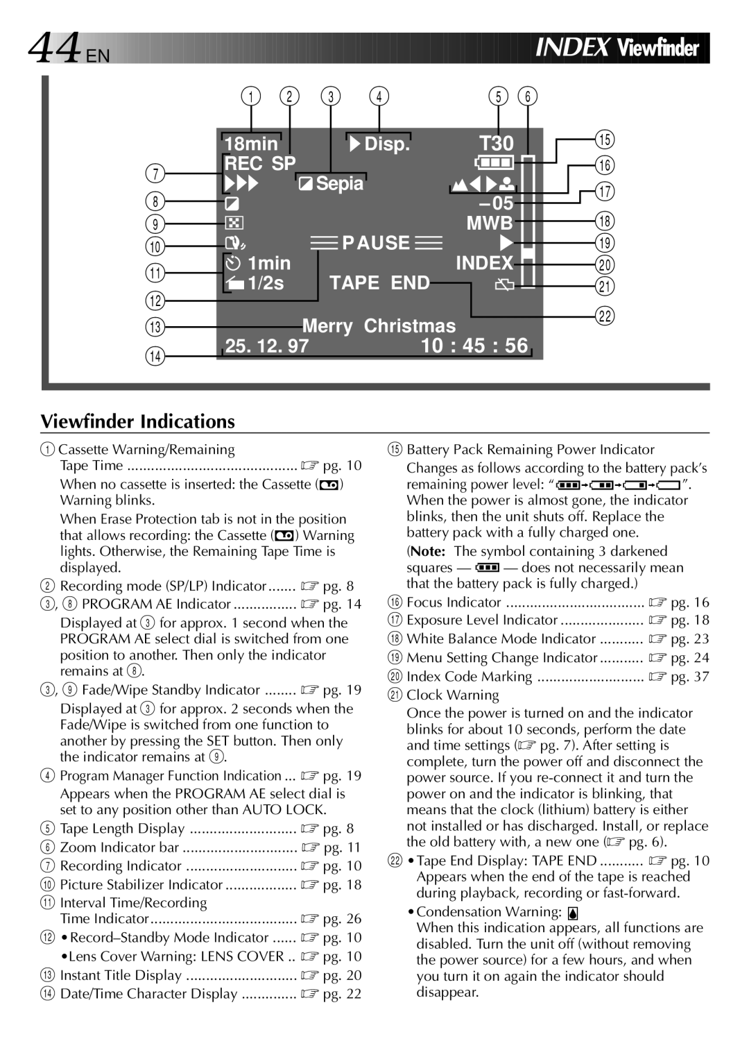 JVC LYT0002-082A manual Cassette Warning/Remaining, Focus Indicator, Tape End Display Tape END ........... pg 