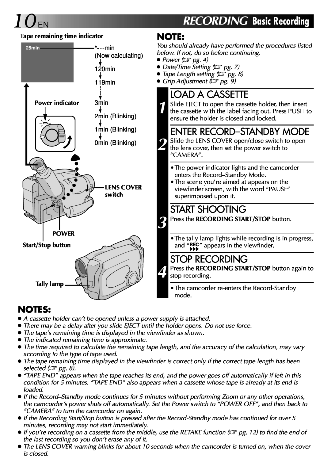 JVC LYT0002-082A manual 10EN RECORDING Basic Recording, Load A Cassette, Enter Record-Standby Mode, Start Shooting 
