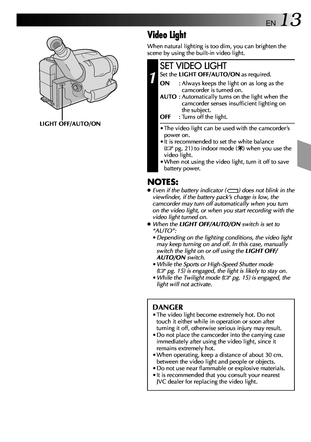 JVC LYT0002-082A manual Set Video Light, Danger, Light Off/Auto/On 