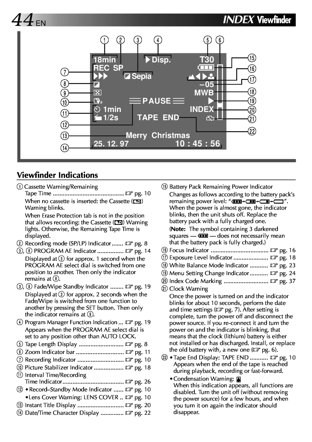 JVC LYT0002-082A INDEX Viewfinder, @ # $, 10 45, Viewfinder Indications, 44EN, 1min, Pause, Index, Tape End, 1/2s, 18min 