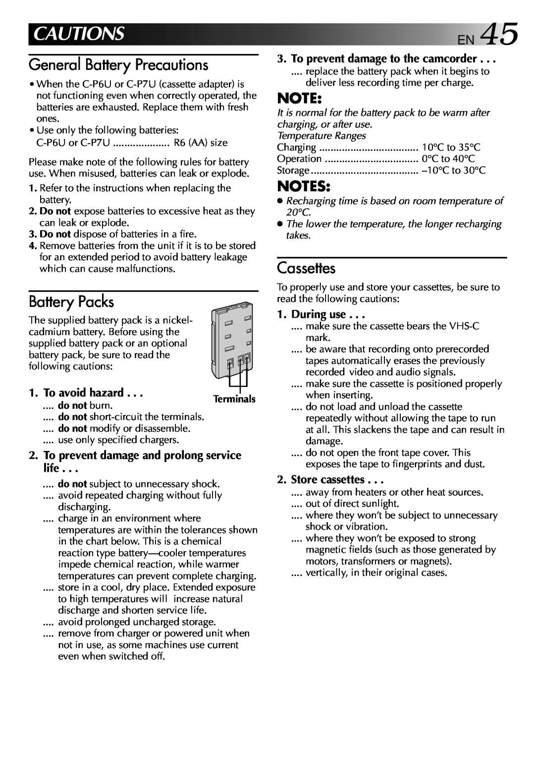 JVC LYT0002-082A manual Cautions, General Battery Precautions, Battery Packs, Cassettes, To avoid hazard, During use 