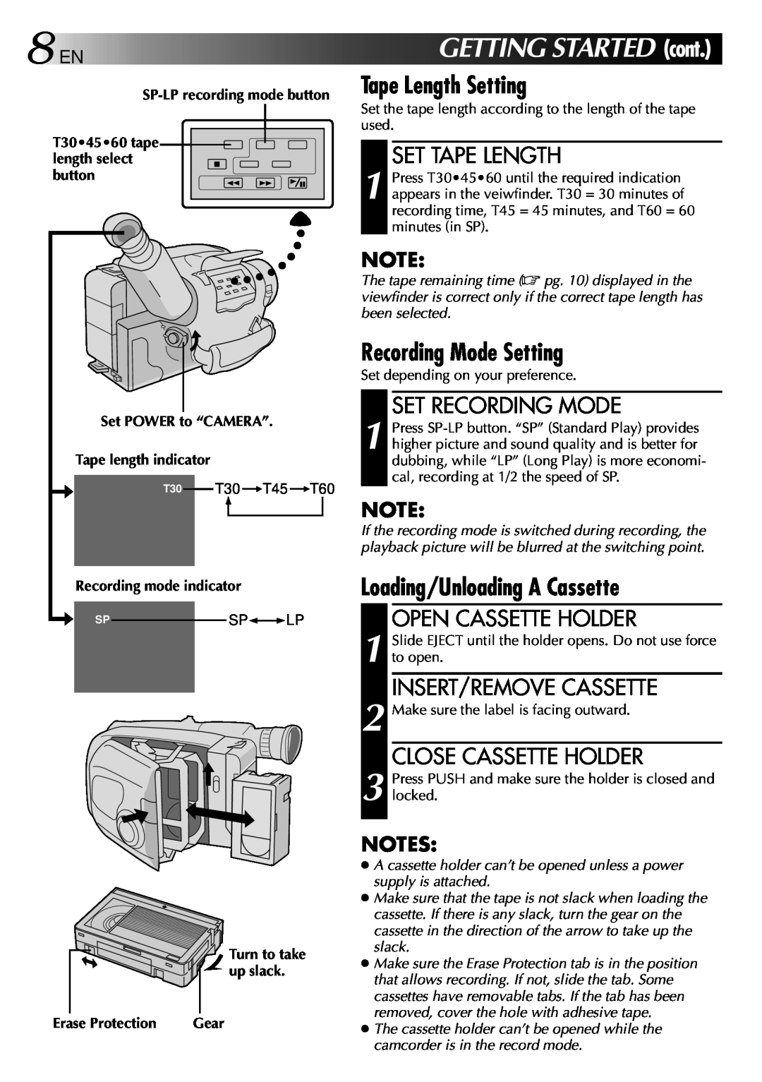 JVC LYT0002-082A GETTING STARTED cont, Tape Length Setting, Recording Mode Setting, Loading/Unloading A Cassette, button 
