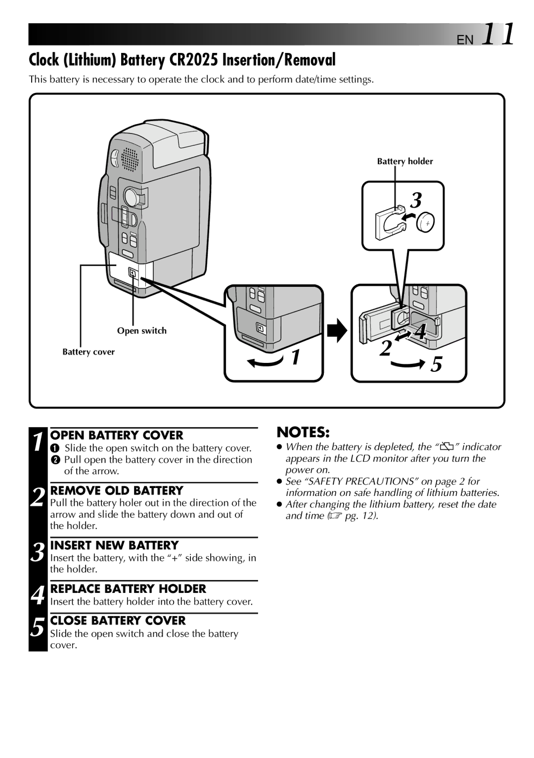 JVC LYT0002-088B manual Clock Lithium Battery CR2025 Insertion/Removal, Remove OLD Battery, Insert NEW Battery 