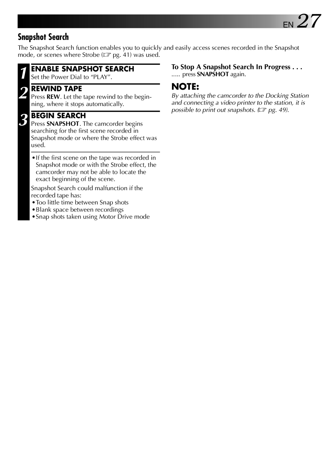 JVC LYT0002-088B manual Rewind Tape, Begin Search, To Stop a Snapshot Search In Progress, Press Snapshot again 