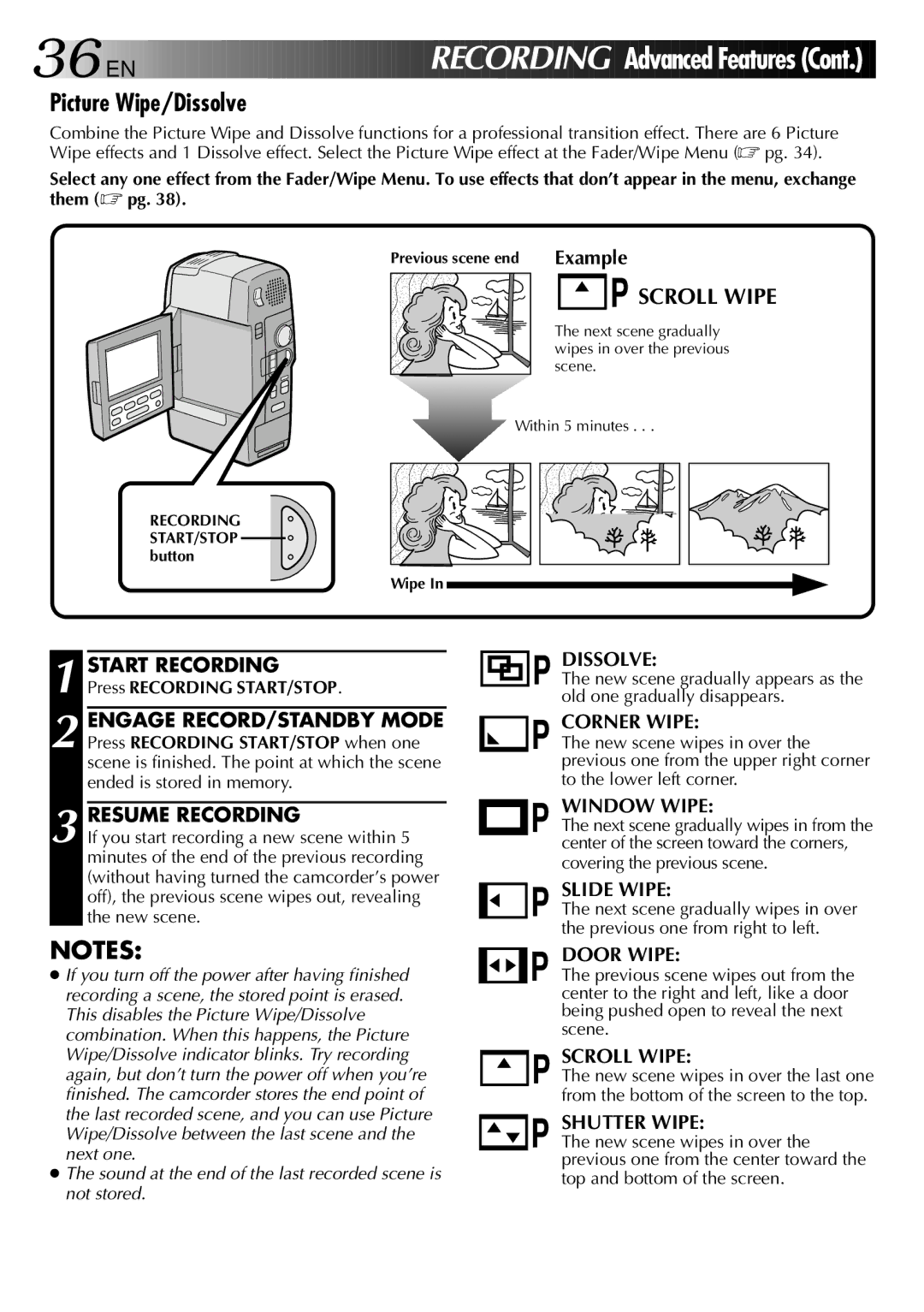 JVC LYT0002-088B manual EN Recor Ding, Picture Wipe/Dissolve, Resume Recording, Press Recording START/STOP 