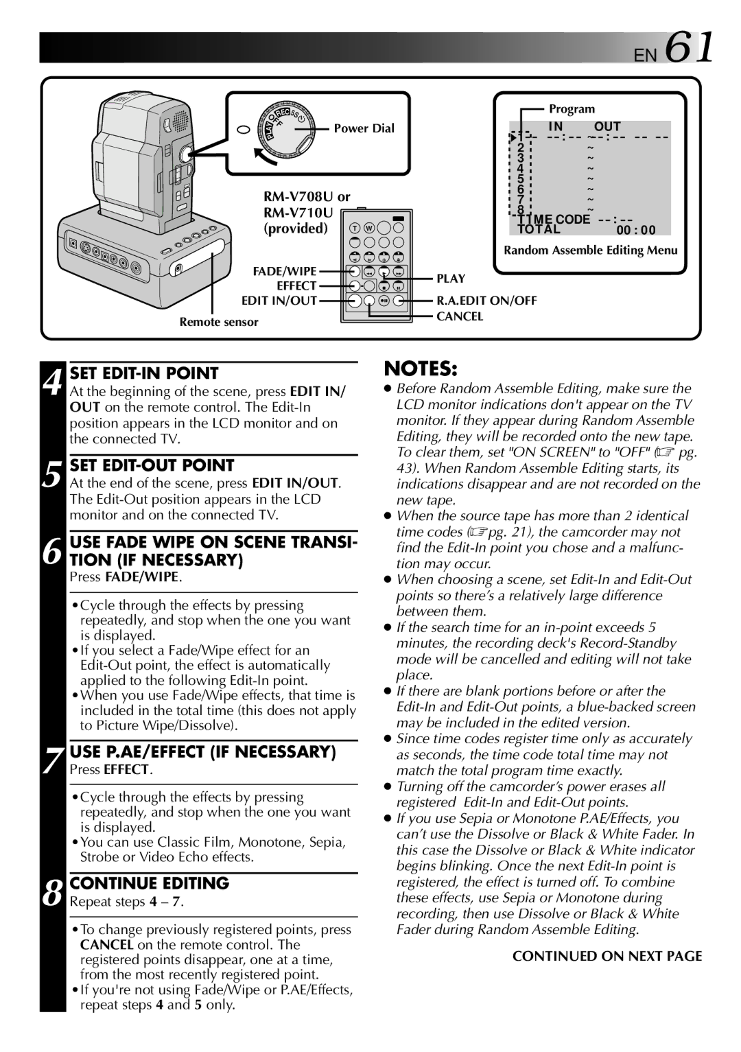 JVC LYT0002-088B manual SET EDIT-IN Point, SET EDIT-OUT Point, USE Fade Wipe on Scene TRANSI- Tion if Necessary 