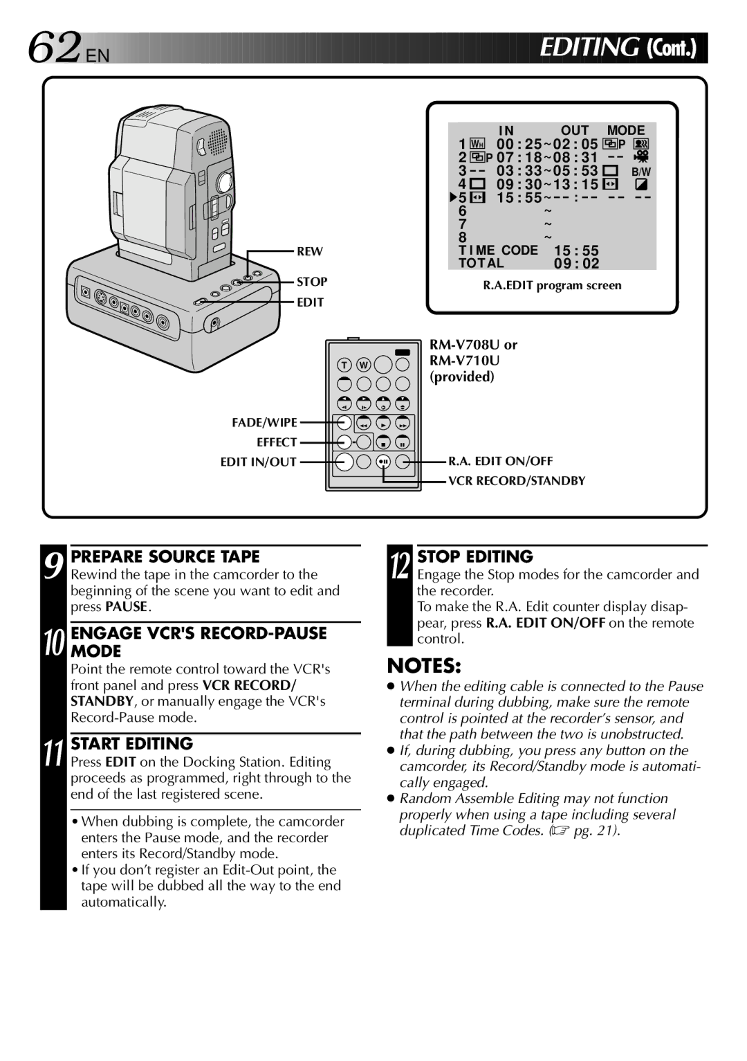 JVC LYT0002-088B manual Engagemode Vcrs RECORD-PAUSE, Start Editing, Stop Editing 