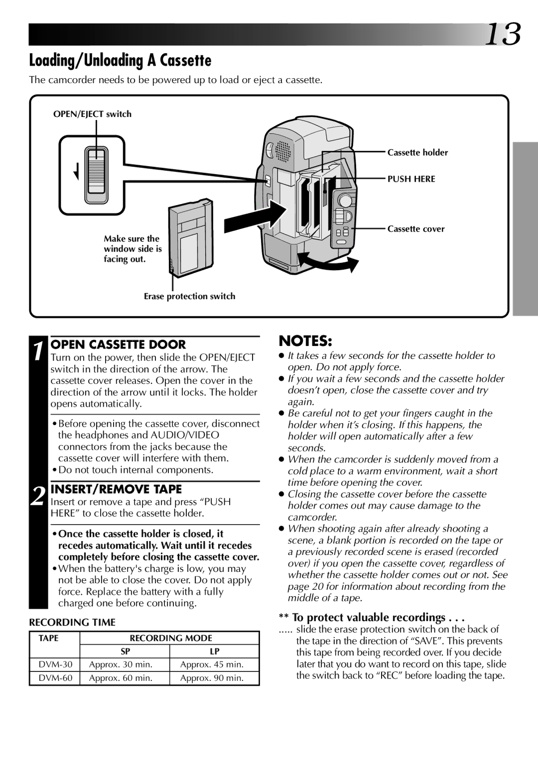 JVC LYT0002-0A1A Loading/Unloading a Cassette, Open Cassette Door, INSERT/REMOVE Tape, To protect valuable recordings 