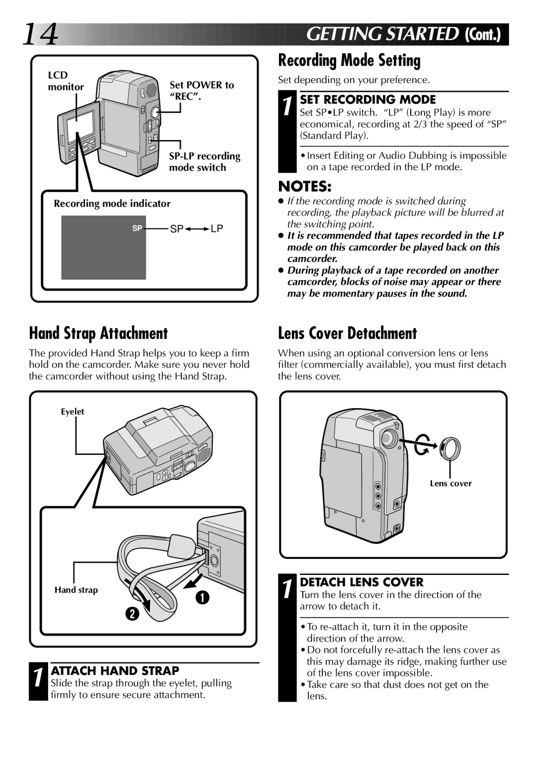 JVC LYT0002-0A1A specifications Recording Mode Setting, Hand Strap Attachment, Lens Cover Detachment 