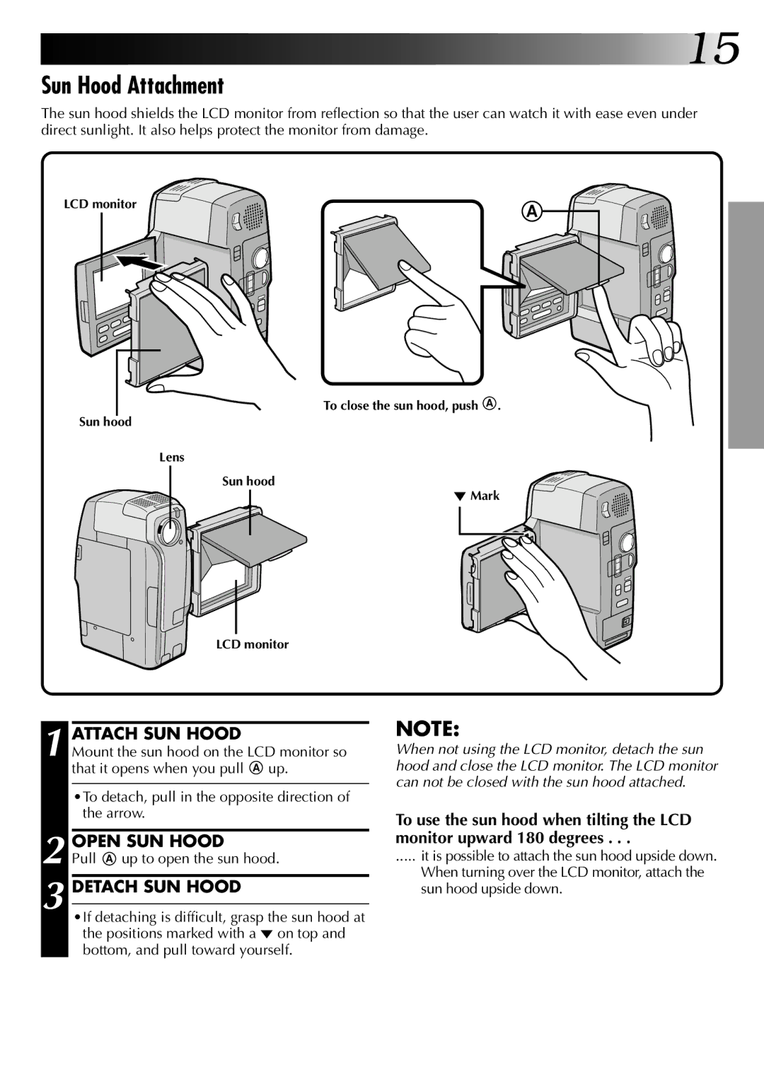 JVC LYT0002-0A1A Sun Hood Attachment, Attach SUN Hood, Open SUN Hood, Detach SUN Hood, Pull a up to open the sun hood 