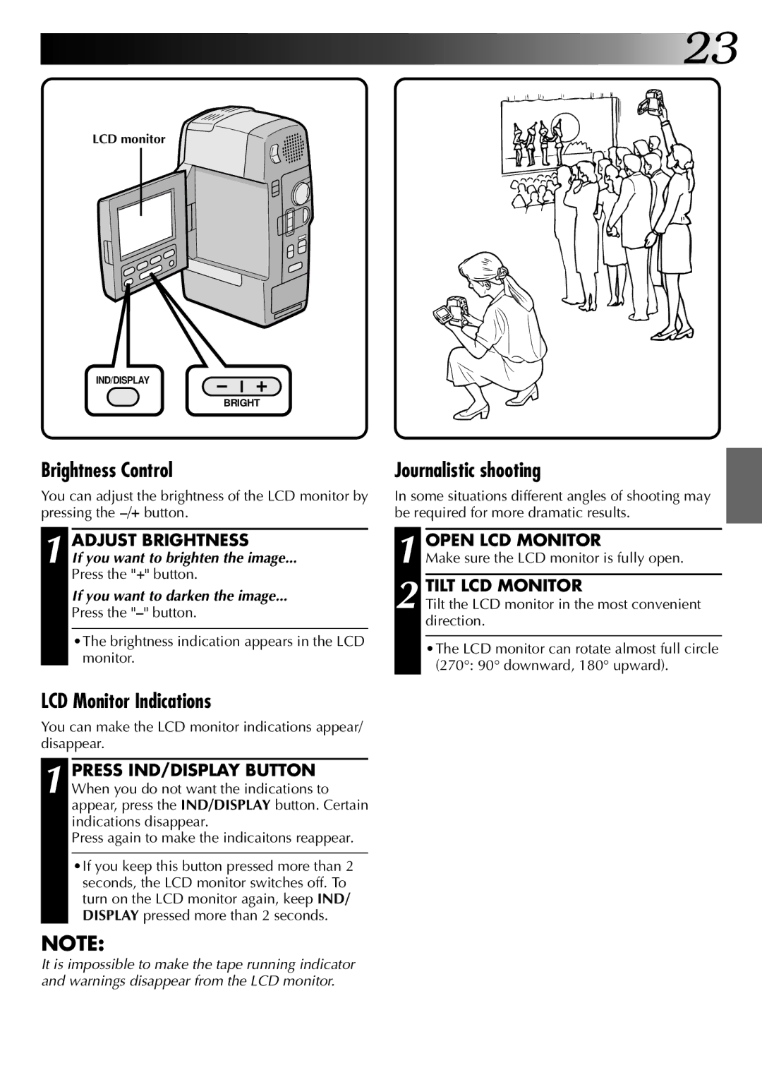 JVC LYT0002-0A1A Brightness Control, Journalistic shooting, LCD Monitor Indications, Adjust Brightness, Tilt LCD Monitor 