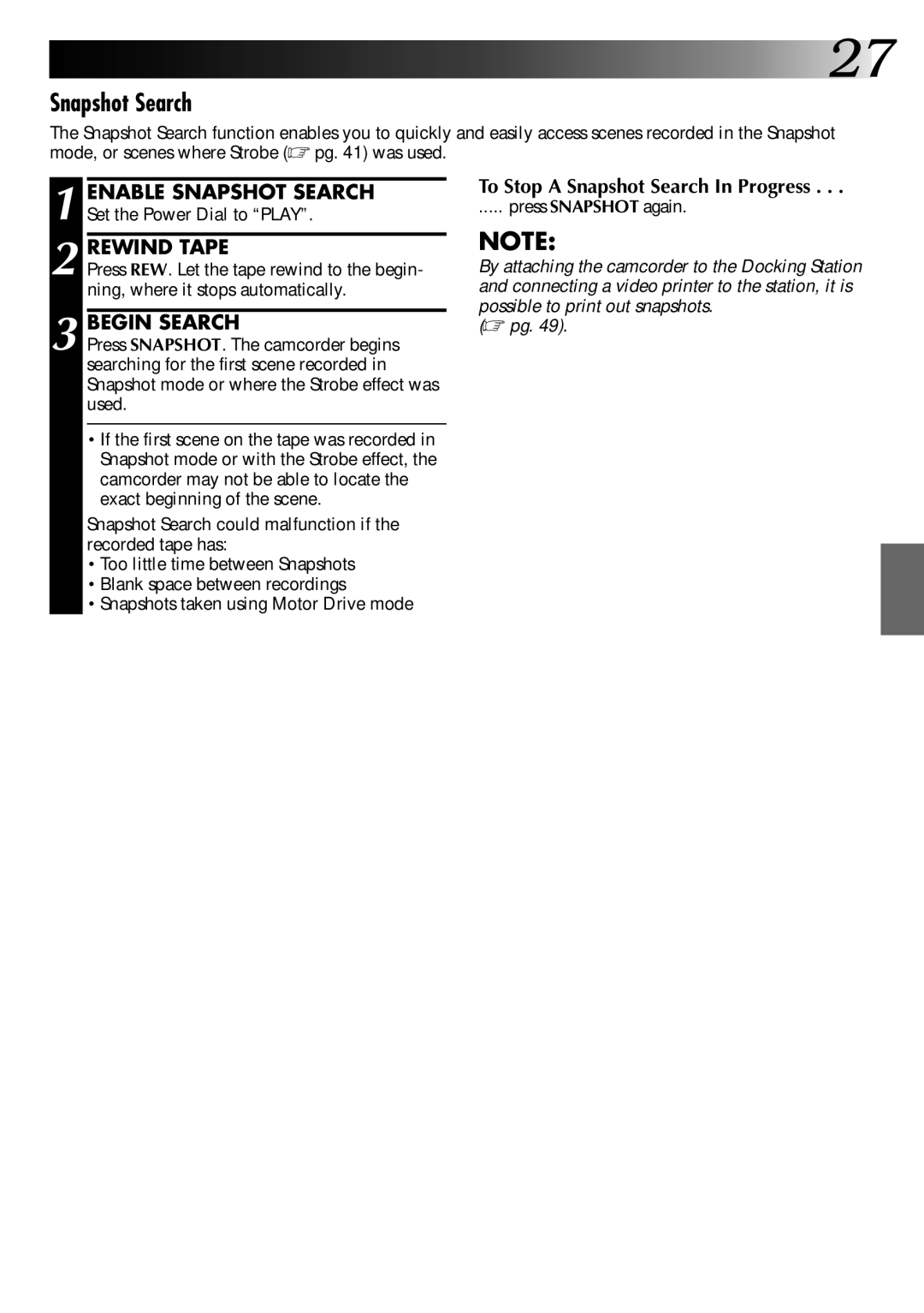 JVC LYT0002-0A1A specifications Rewind Tape, Begin Search, To Stop a Snapshot Search In Progress, Press Snapshot again 