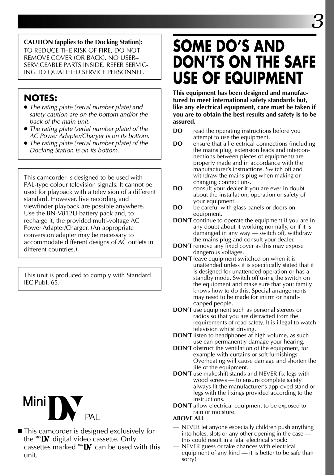 JVC LYT0002-0A1A specifications Some DO’S and DON’TS on the Safe USE of Equipment 