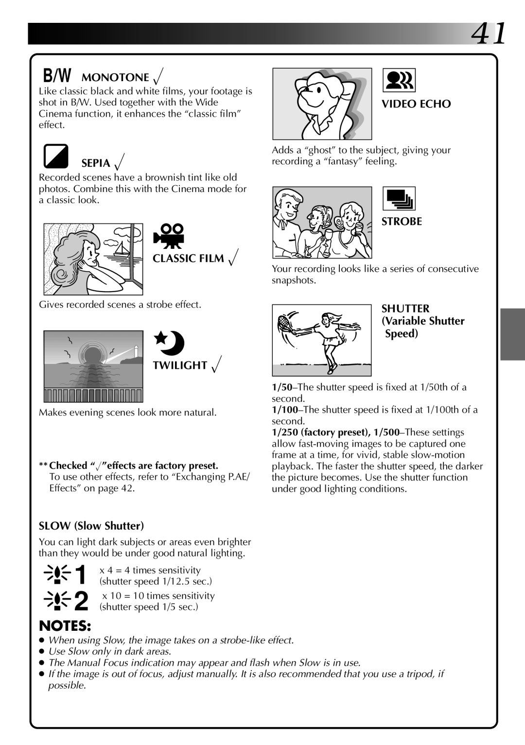 JVC LYT0002-0A1A specifications Monotone √, Video Echo Sepia √, Classic Film √, Twilight √, Strobe 