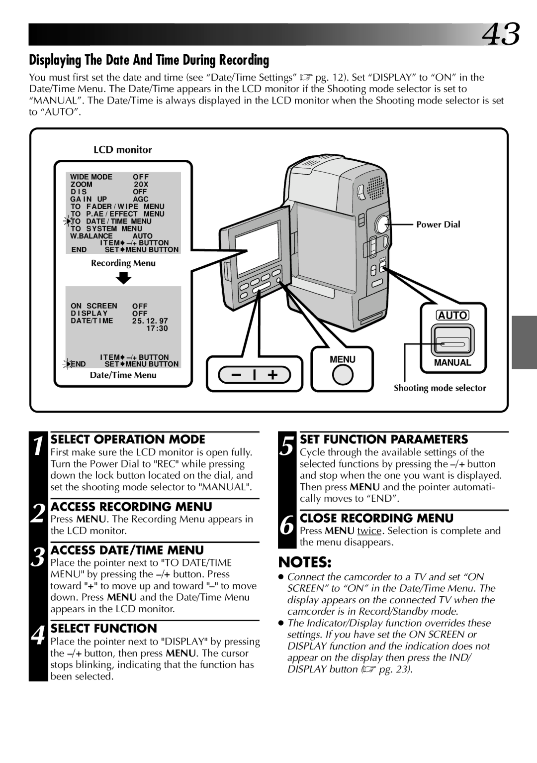 JVC LYT0002-0A1A specifications Displaying The Date And Time During Recording, Select Operation Mode 