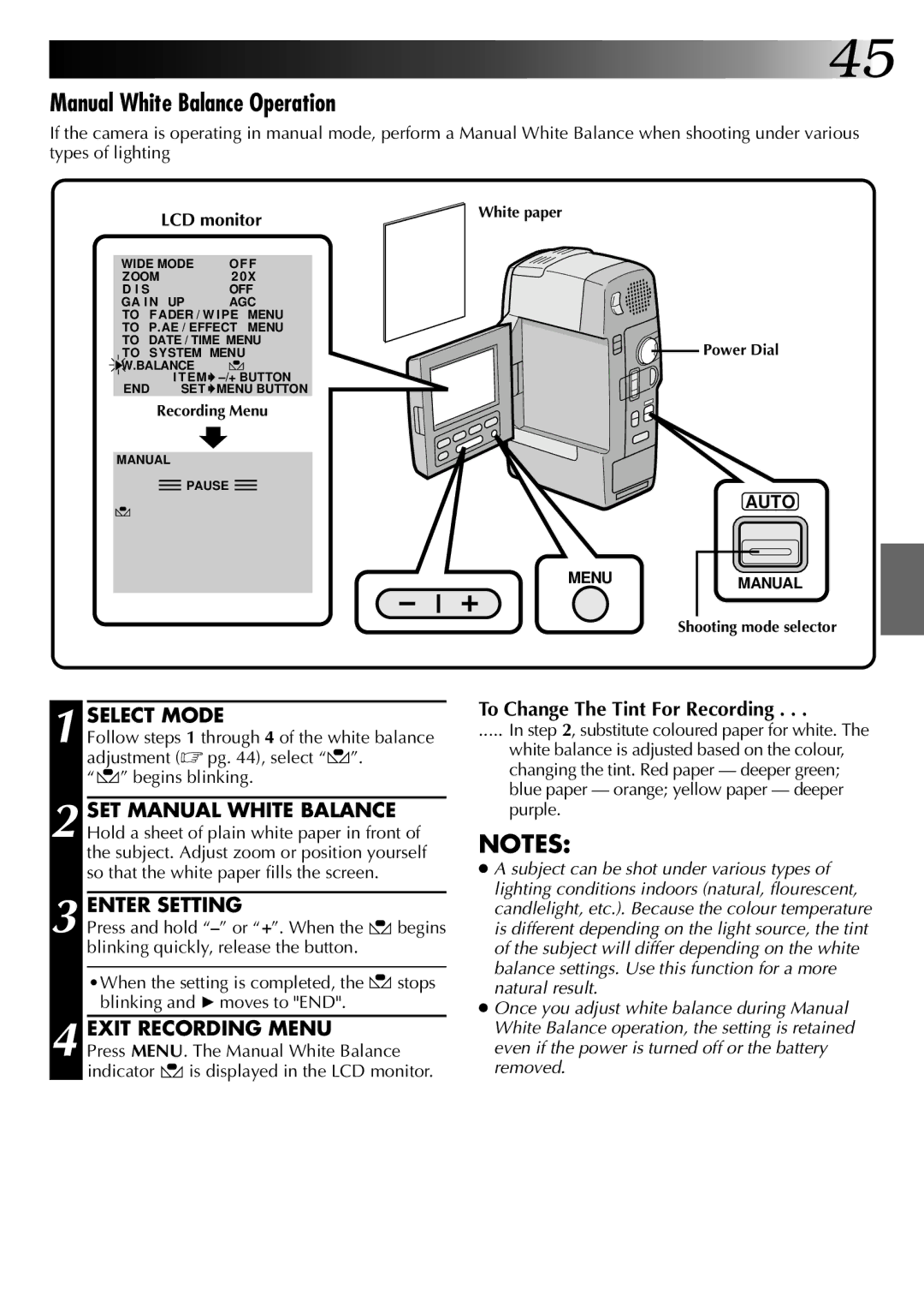 JVC LYT0002-0A1A Manual White Balance Operation, Enter Setting, Exit Recording Menu, To Change The Tint For Recording 