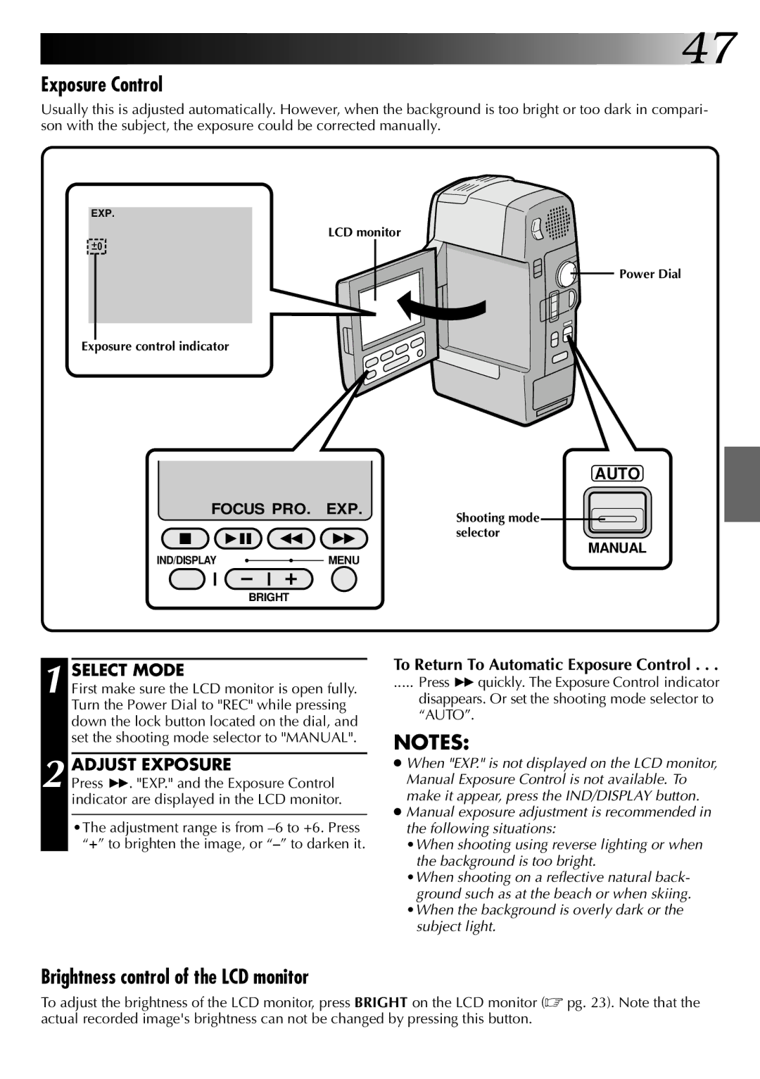 JVC LYT0002-0A1A specifications Exposure Control, Brightness control of the LCD monitor, Adjust Exposure 