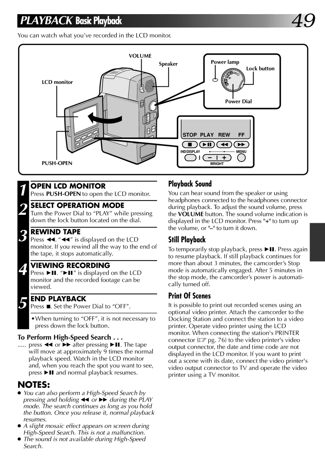 JVC LYT0002-0A1A Viewing Recording, END Playback, To Perform High-Speed Search, Press PUSH-OPENto open the LCD monitor 