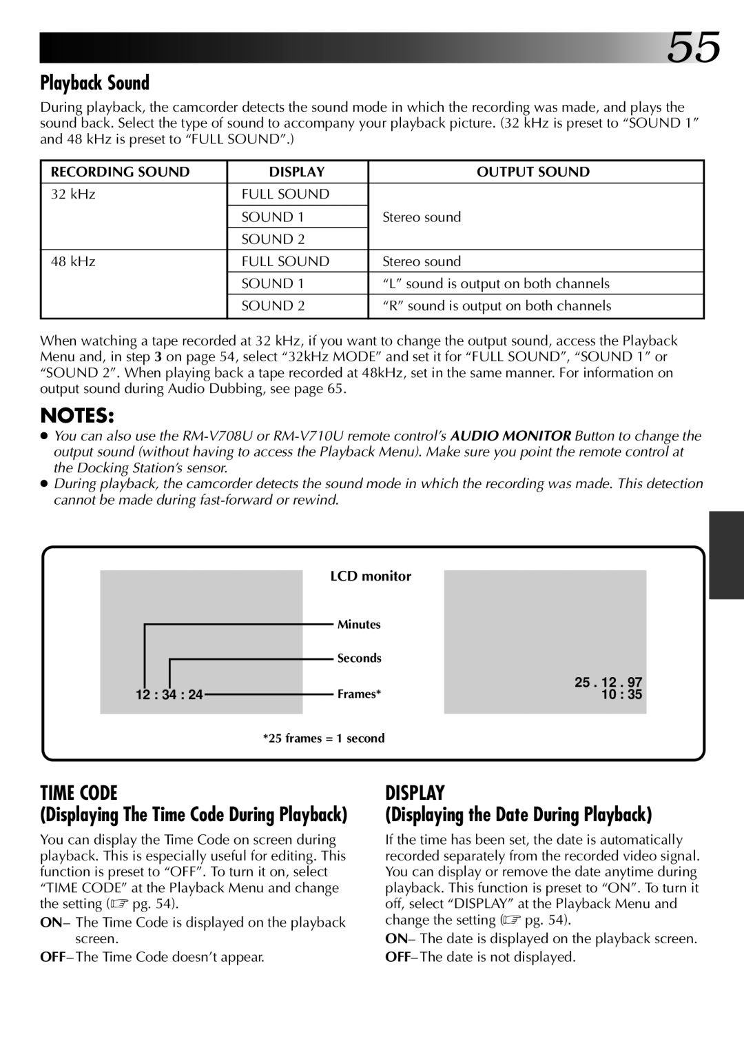 JVC LYT0002-0A1A Playback Sound, Displaying the Date During Playback, Displaying The Time Code During Playback 