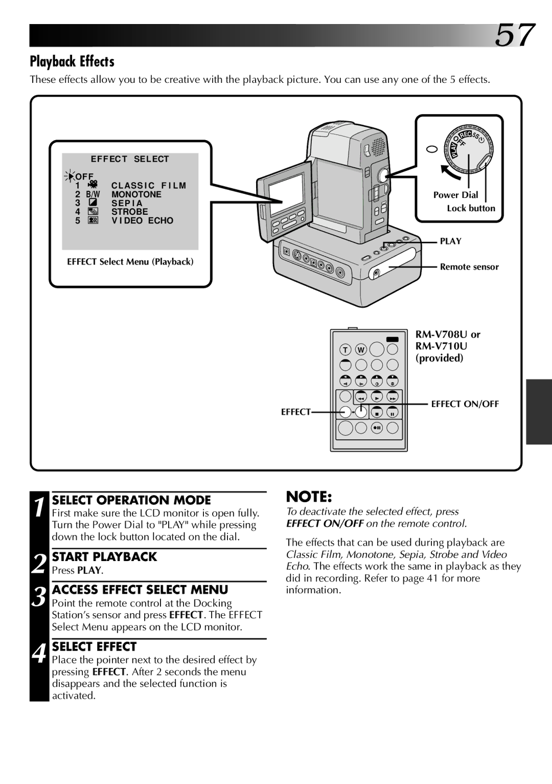 JVC LYT0002-0A1A specifications Playback Effects, Press Play, RM-V708U or WRM-V710U provided 