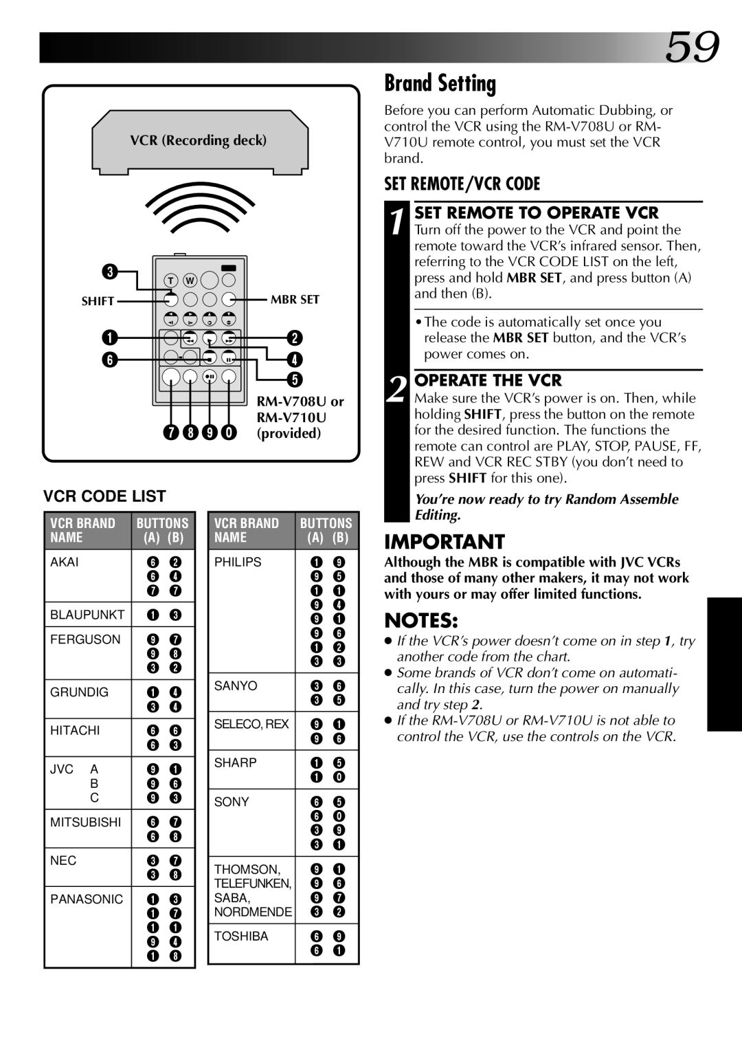 JVC LYT0002-0A1A specifications Brand Setting, Operate the VCR, RM-V708U or RM-V710U 9 ` provided 