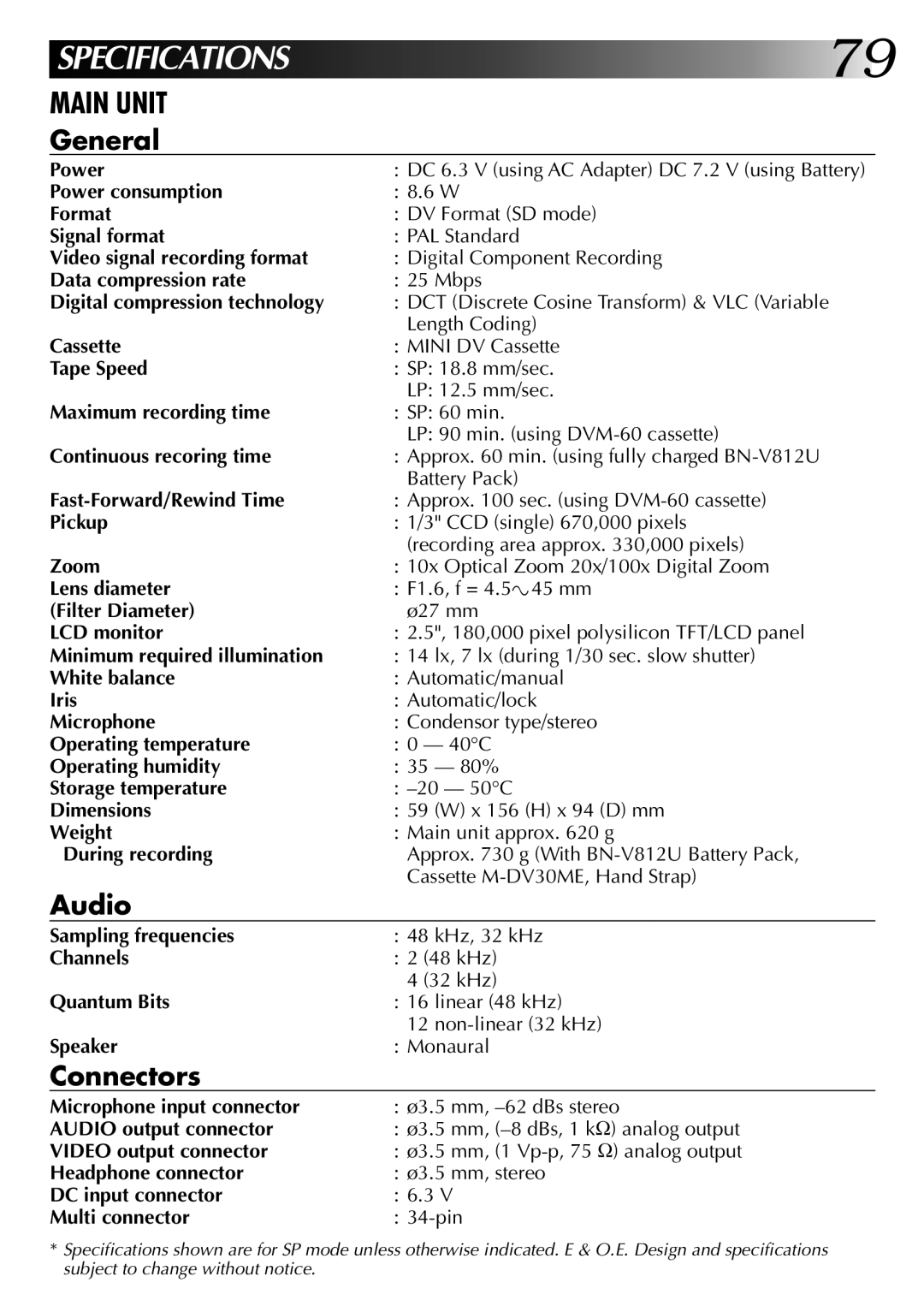 JVC LYT0002-0A1A Power consumption Format, Signal format, Video signal recording format, Data compression rate, Pickup 