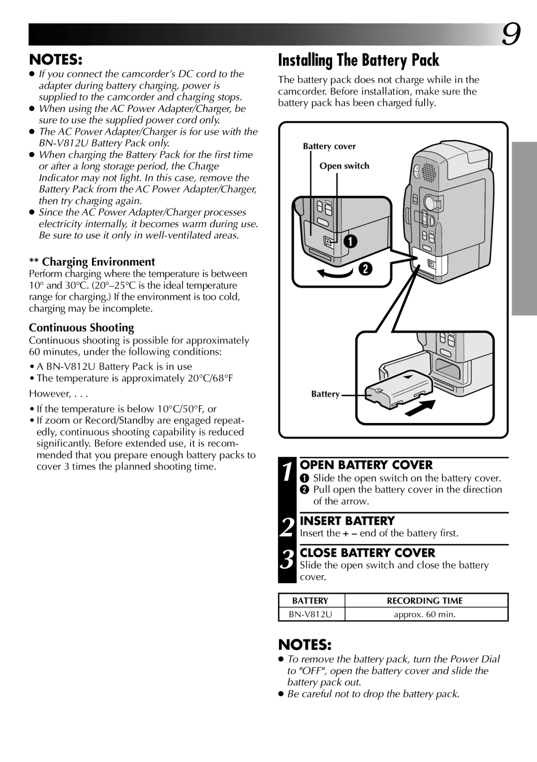 JVC LYT0002-0A1A specifications Installing The Battery Pack, Open Battery Cover, Insert Battery, Close Battery Cover 