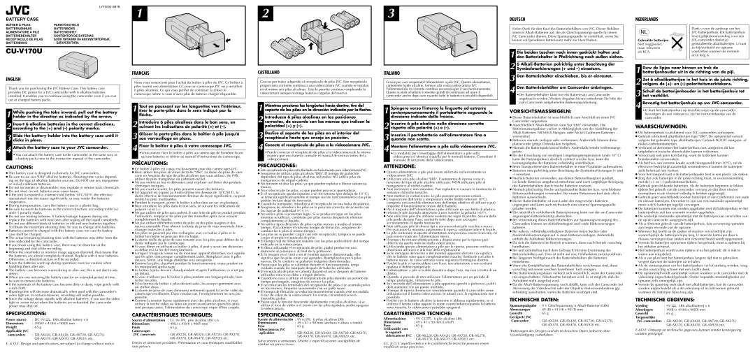 JVC CU-V170U specifications Deutsch, Nederlands, English, Specifications, Vorsichtsmassregeln, Technische Daten 