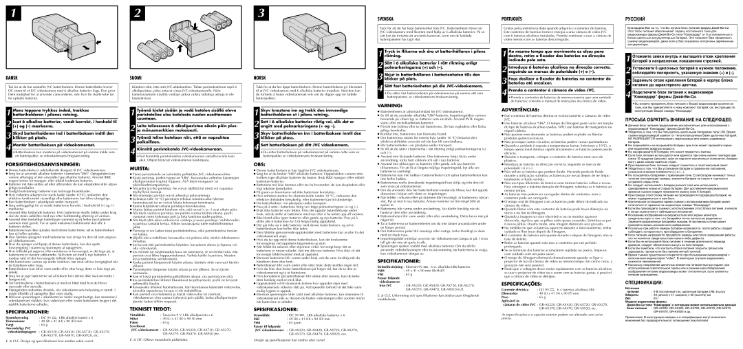 JVC LYT0002-0B7B Forsigtighedsanvisninger, Specifikationer, Muista, Tekniset Tiedot, Obs, Spesifikasjoner, Svenska 