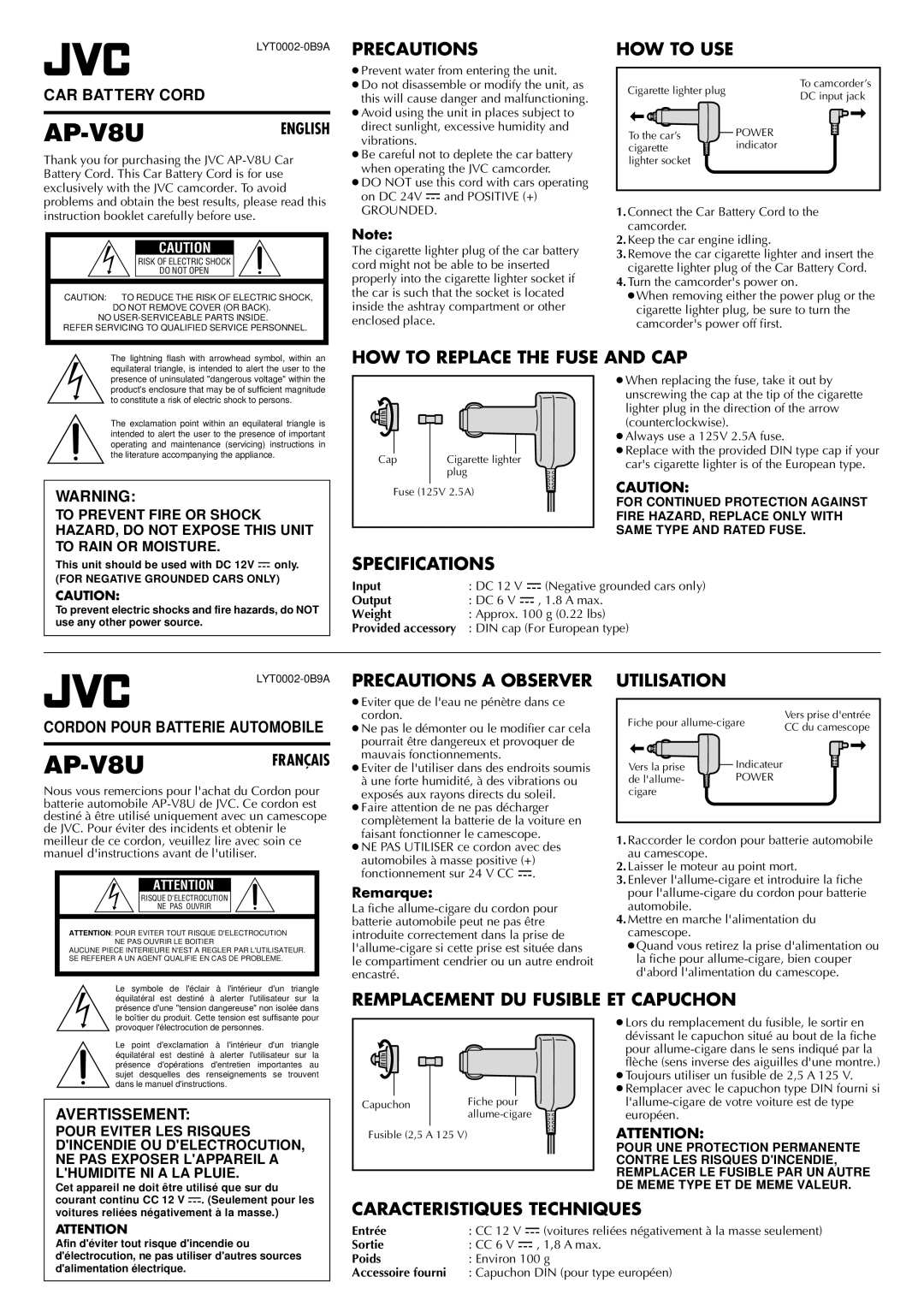 JVC LYT0002-0B9A specifications Precautions, HOW to USE, HOW to Replace the Fuse and CAP, Specifications 