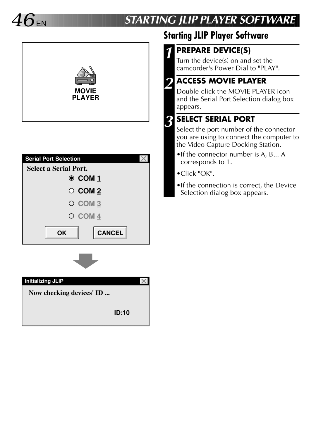 JVC LYT0002-0H6B, 0397MKV*UN*SN manual Starting Jlip Player Software, Prepare Devices, Select Serial Port 