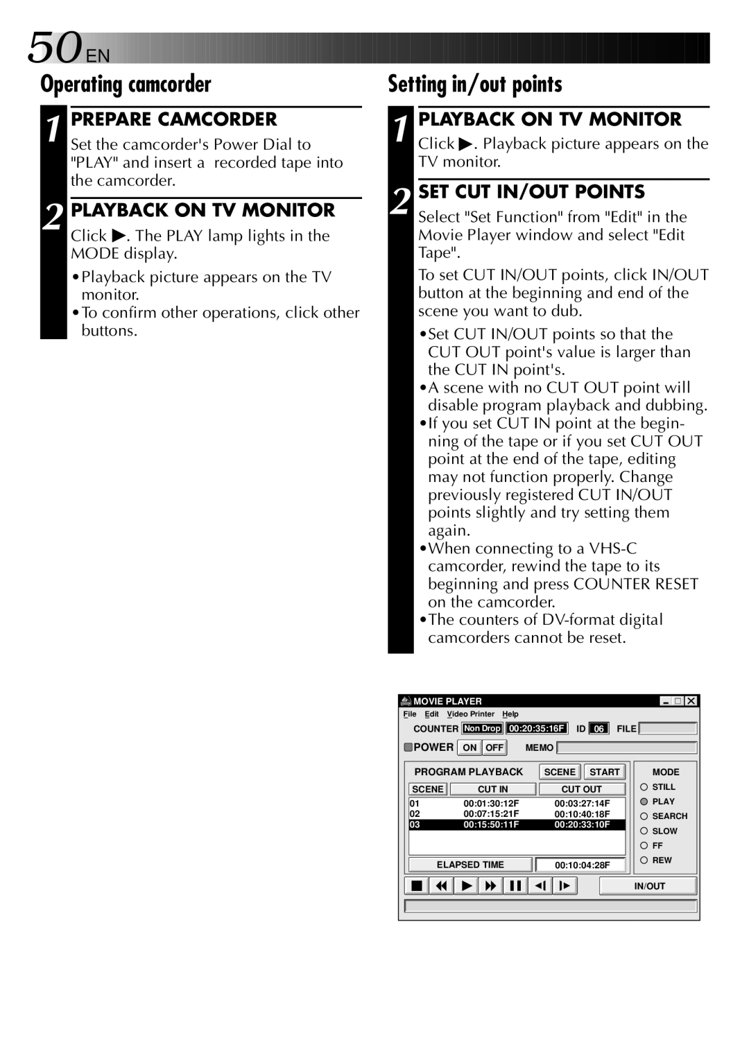 JVC LYT0002-0H6B, 0397MKV*UN*SN manual Operating camcorder, Setting in/out points 